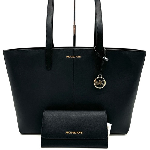 Michael Kors Medium Jet Set Travel Zip Tote Bag & Trifold Wallet Black/Gold - Picture 1 of 13